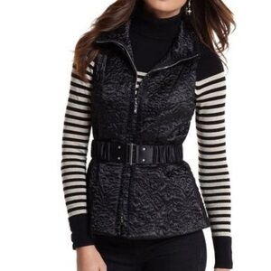 WHBM EMBROIDERED BLACK SATIN QUILTED VEST WITH RHINESTONE DETAIL AND BELT SZ XS